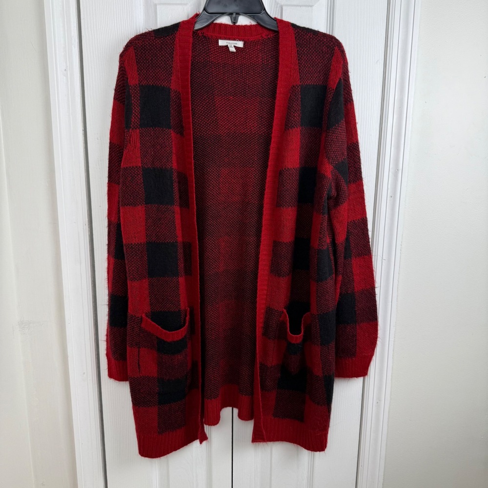 Maurices Red Black Buffalo Plaid Longline Cardigan Sweater Women's 0X